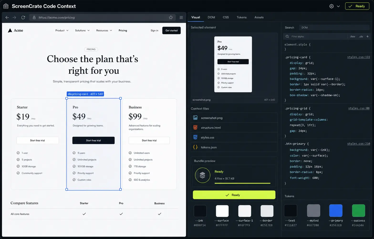Framnova showing a selected pricing card with its screenshot, HTML, computed CSS, tokens, and assets