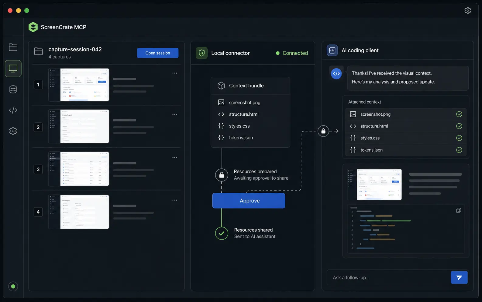 Framnova capture set exported to a bounded local workspace and read by a compatible MCP client